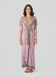 Robe longue imprimé fantaisie manches courtes rose C'FLO femme