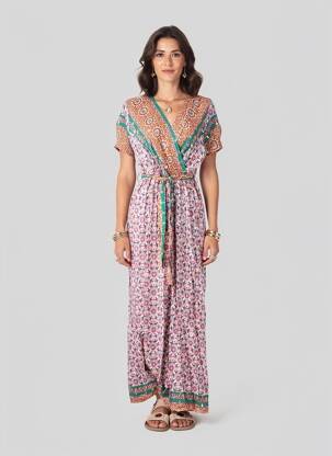 Robe longue imprimé fantaisie manches courtes rose C'FLO femme