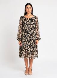 Robe mi-longue imprimé fantaisie manches longues noir EMMA ELLA femme