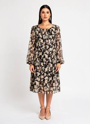 Robe mi-longue imprimé fantaisie manches longues noir EMMA ELLA femme