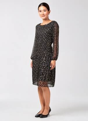 Robe mi-longue tissage crêpe manches longues noir EMMA ELLA femme