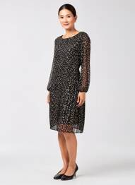 Robe mi-longue tissage crêpe manches longues noir EMMA ELLA femme
