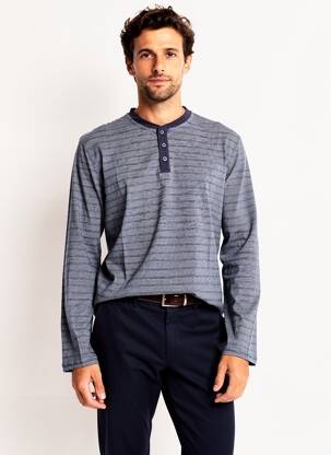 T-shirt col tunisien manches longues bleu PIONEER homme