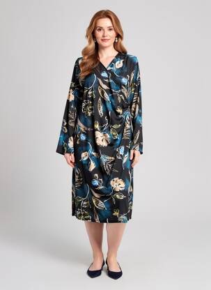Robe mi-longue imprimé fantaisie manches longues noir GENUINE femme