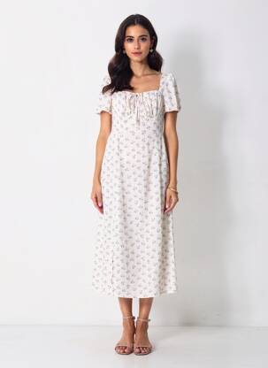 Robe mi-longue imprimé fleurs manches courtes blanc RIHOAS femme