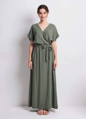 Robe longue manches courtes manches courtes vert GRACE & MILA femme