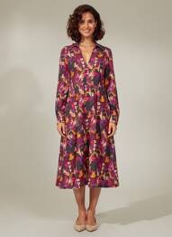 Robe mi-longue imprimé fantaisie manches longues violet SURKANA femme