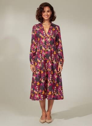 Robe mi-longue imprimé fantaisie manches longues violet SURKANA femme
