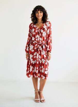 Robe mi-longue imprimé fleurs manches longues orange GARCIA femme