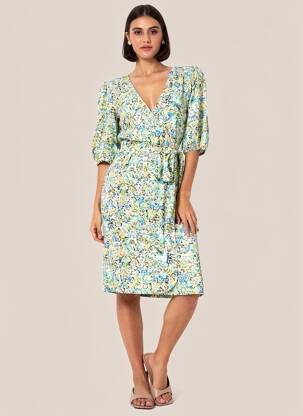 Robe mi-longue imprimé fleurs manches courtes vert FREEMAN T.PORTER femme