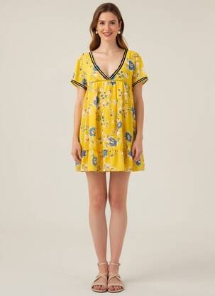 Robe courte coupe fluide manches courtes jaune TEDDY SMITH femme