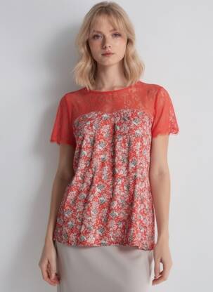 Top tissage crêpe manches courtes rouge GRACE & MILA femme