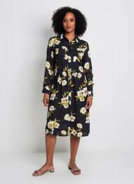 Robe mi-longue imprimé fleurs manches longues noir EMILIE.K femme