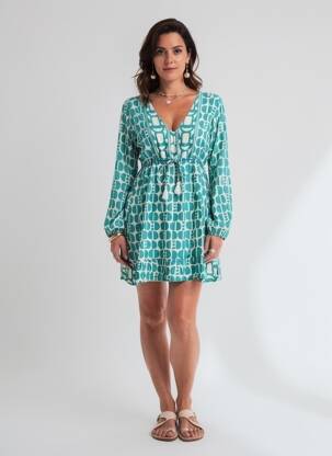 Robe courte coupe évasée manches longues vert ISLA BONITA femme