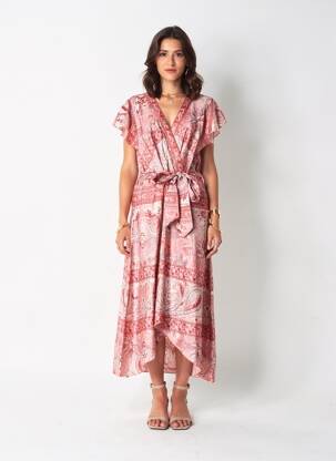 Robe longue imprimé fantaisie manches courtes rouge TERRE ROUGE femme