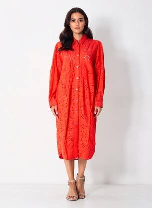 Robe mi-longue manches longues manches longues rouge COUTURIST femme