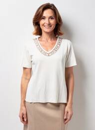 T-shirt col v manches courtes beige PAUPORTÉ femme