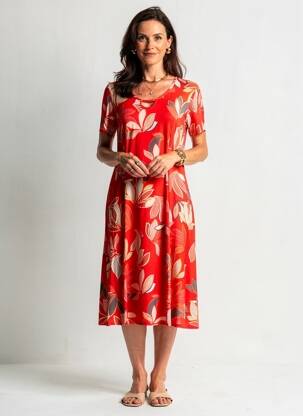 Robe mi-longue imprimé fleurs manches courtes rouge GRIFFON femme