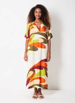 Robe longue imprimé fantaisie manches courtes beige ZIA BRAND femme