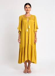 Robe mi-longue coupe fluide manches courtes jaune GOA femme