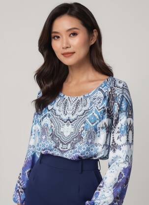 Top imprimé fantaisie manches longues bleu PAUSE CAFE femme