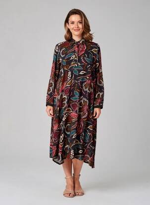 Robe mi-longue imprimé fleurs manches longues noir FRANCK ANNA femme