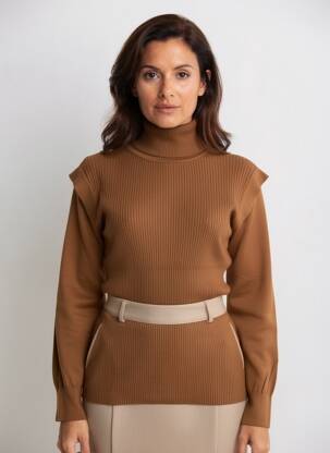 Pull col roulé tissage côtelé manches longues marron MOLLY BRACKEN femme