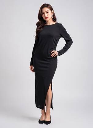 Robe longue manches longues manches longues noir KILKY femme