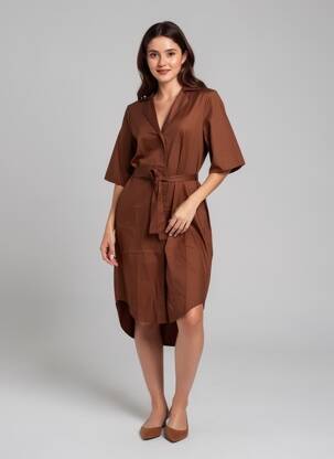 Robe mi-longue manches 3/4 manches 3/4 marron JS MILLENIUM femme