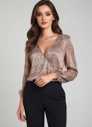 Top col v manches longues beige PEACE N'LOVE femme
