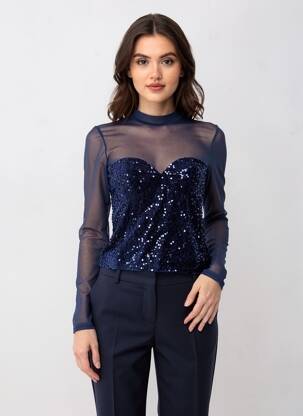 Top stretch manches longues bleu KILKY femme