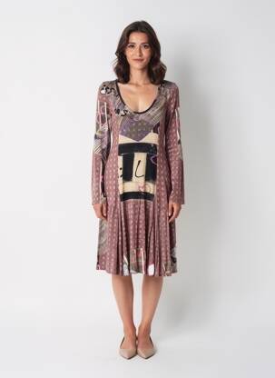 Robe mi-longue imprimé fantaisie manches longues marron CARLOPIK femme
