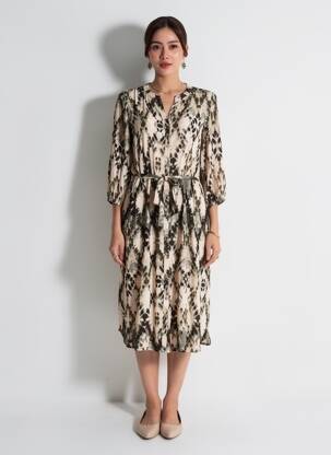 Robe mi-longue manches 3/4 manches 3/4 beige SOYANG femme