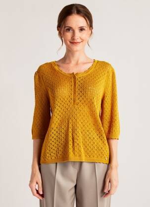 Pull maille ajourée manches 3/4 jaune C'EST BEAU LA VIE femme
