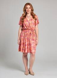 Robe mi-longue imprimé fleurs manches courtes orange C'EST BEAU LA VIE femme