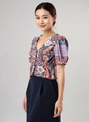 Chemisier imprimé fleurs manches courtes bleu LA FEE MARABOUTEE femme