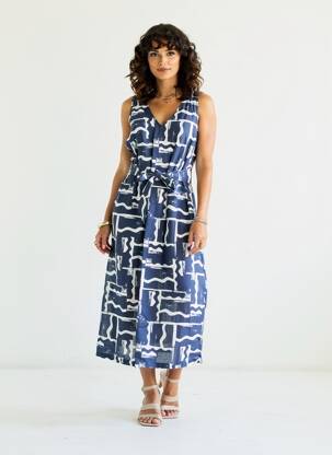 Robe longue tissage crêpe sans manche bleu SIGNE NATURE femme
