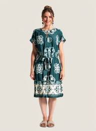 Robe mi-longue imprimé fleurs manches courtes vert LA FEE MARABOUTEE femme