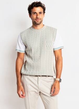 Pull maille torsadée manches courtes gris BOB homme
