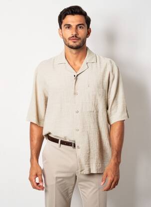 Chemise manches courtes col tailleur beige XACUS homme