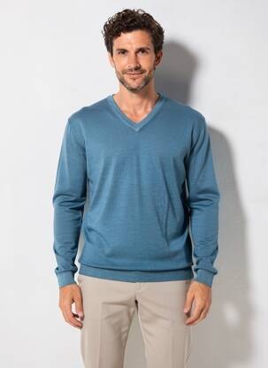 Pull col v manches longues bleu WOOL & CO homme