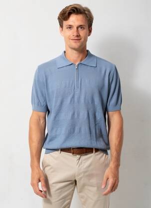 Pull col polo manches courtes bleu WOOL & CO homme