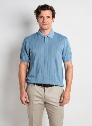 Pull col polo manches courtes bleu WOOL & CO homme