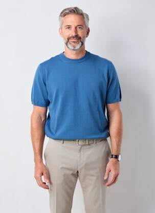 Pull stretch manches courtes bleu WOOL & CO homme