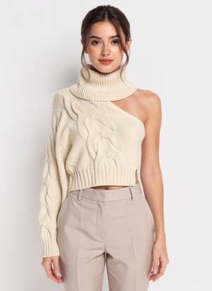 Pull col roulé maille torsadée manches longues beige H&M femme