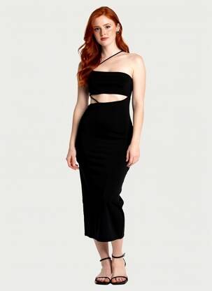Robe mi-longue coupe cintrée fines bretelles noir ZARA femme