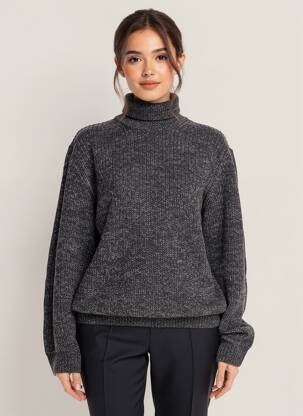 Pull col roulé tissage chiné manches longues noir JACK & JONES femme