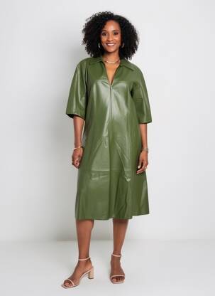 Robe mi-longue manches courtes manches courtes vert MAT. femme