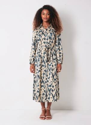 Robe longue imprimé fantaisie manches longues beige AKOZ DE TOI femme