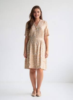 Robe mi-longue imprimé fantaisie manches courtes beige ICHI femme